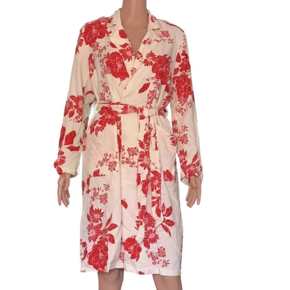 moodie Cream Red Floral Print Wrap Kimono Dress MEDIUM NWT